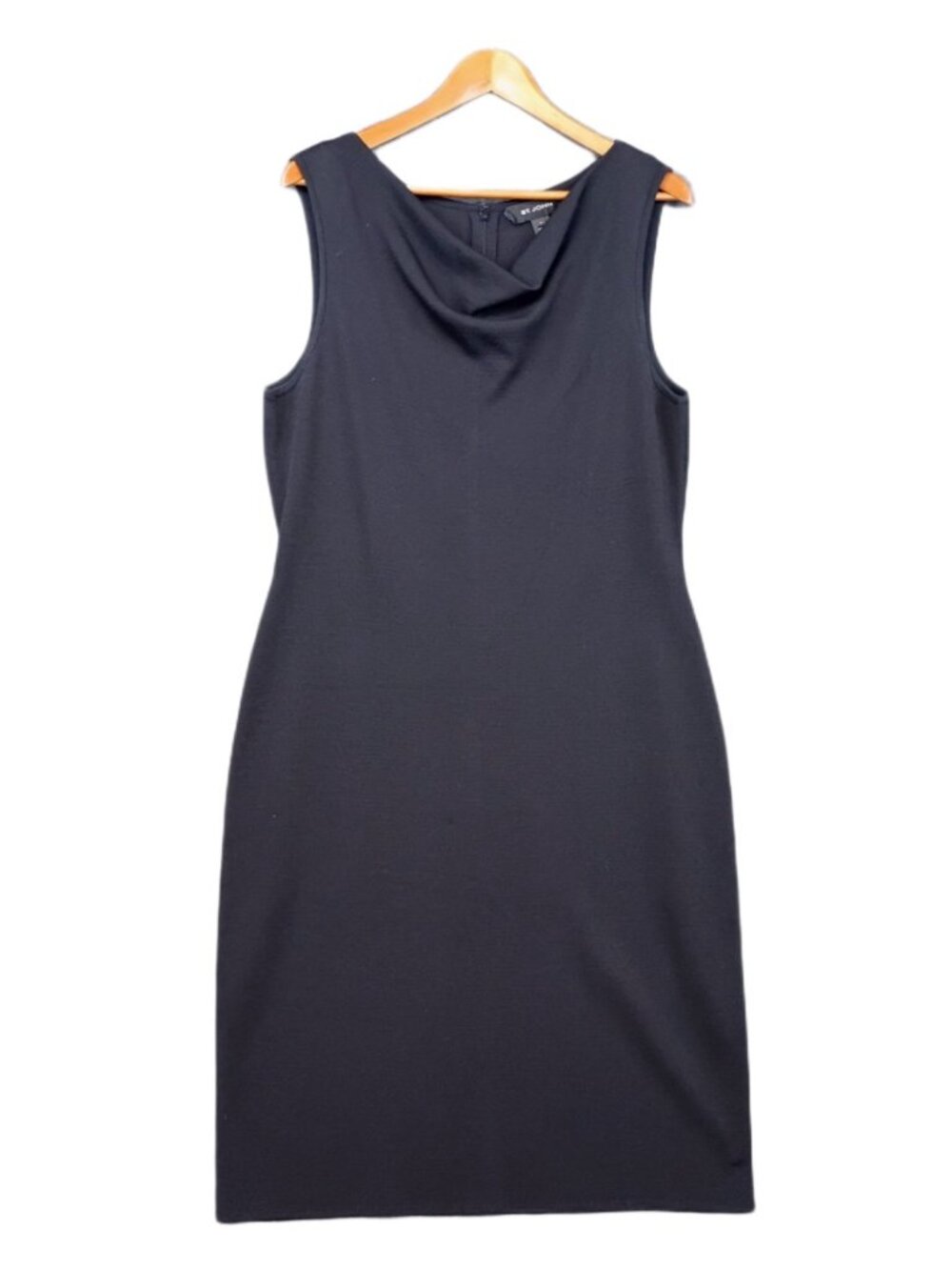 St John Collection Black Milano Knit Sheath Dress 14 Wool Blend Cowl Neck LBD